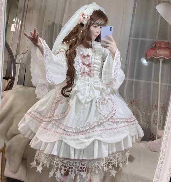 白仙气花嫁春夏半袖ワンカラーゴスロリワンピース ドレス ロリィタ OP膝丈 Lolita ロリータ コスプレ エプロン 日常洋服リボンゴージャス